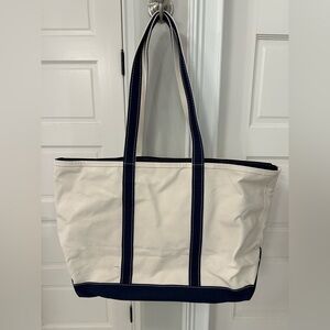 LL Bean Boat and Tote Beach Bag Blue Natural Canvas Travel Bag 22”x13"x7” Zipper
